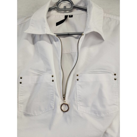 Cathy white zipper vneck pullover top, Sz M - Picture 3 of 11